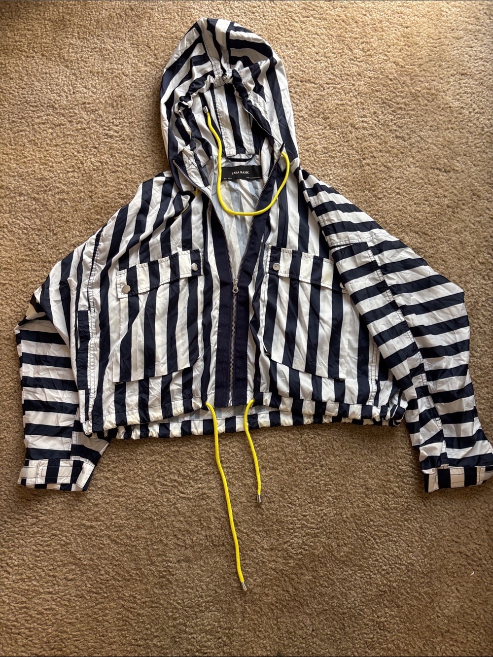 Zara Kids Navy and White Striped Hooded Jacket with Yellow Drawcords